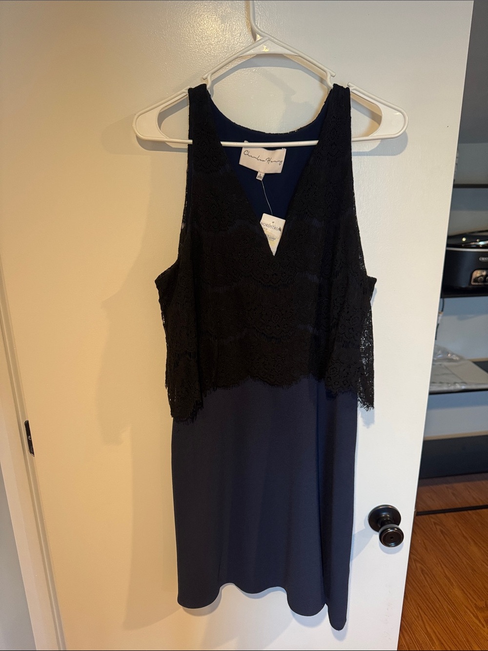 Charles Henry Navy Dress with Black Lace Overlay Mini